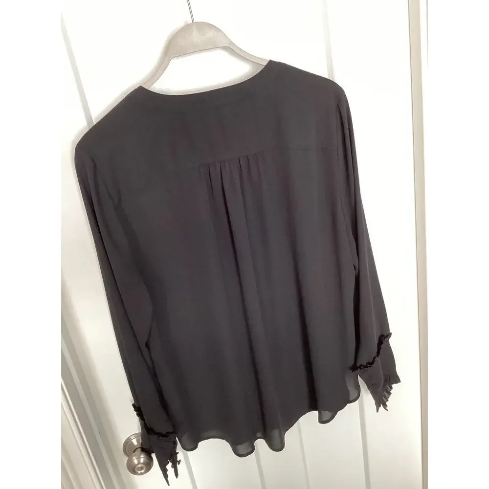 J. CREW Women's Sheer Long Sleeve‎ Ruffle Cuff Blouse Top Evening Black Size XL